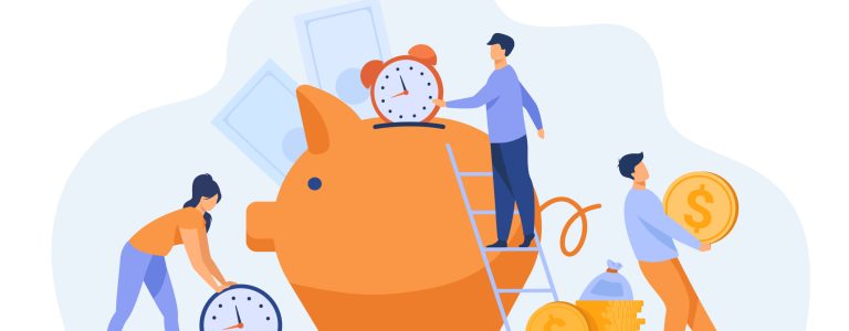 Rich people keeping cash and clocks in piggy bank. Vector illustration for time Is money, business, time management, wealth concept